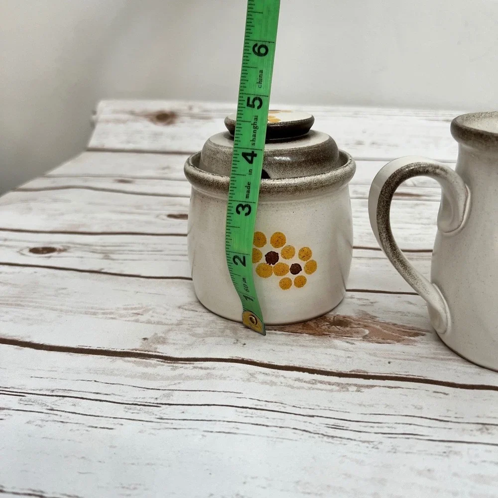 Vintage Creamer and Sugar Bowl Set Yellow Floral Stoneware Retro Farmhouse OS